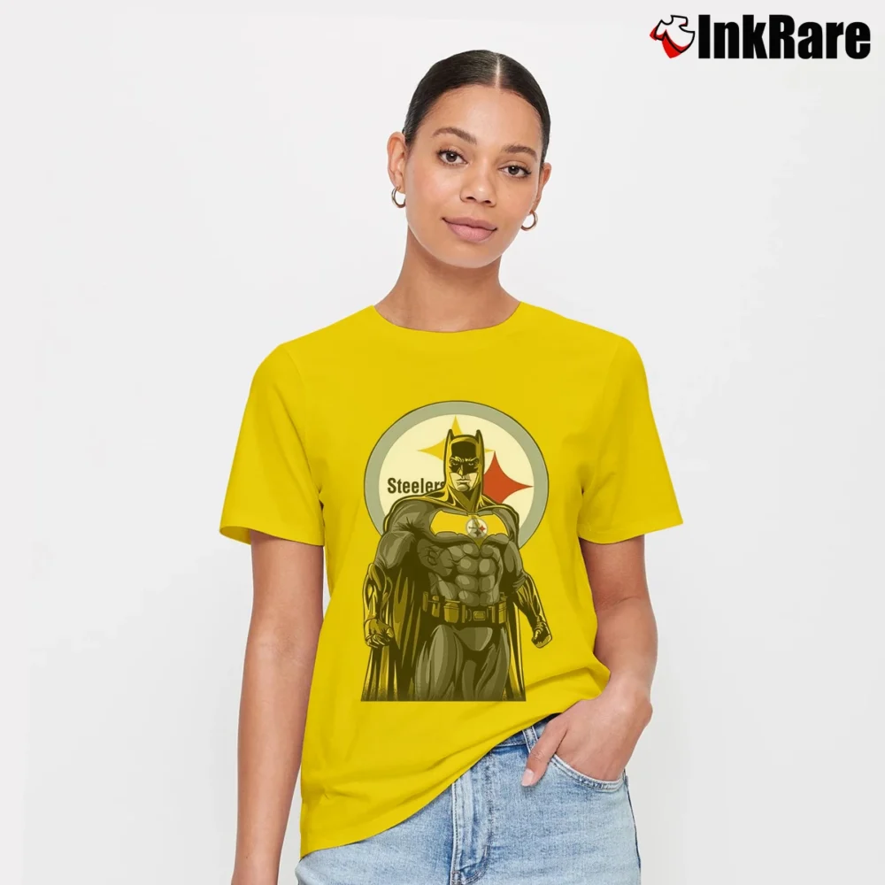 Women’s Pittsburgh Steelers Batman NFL Superhero Signature T-Shirt in yellow | Soft, Flattering Fit