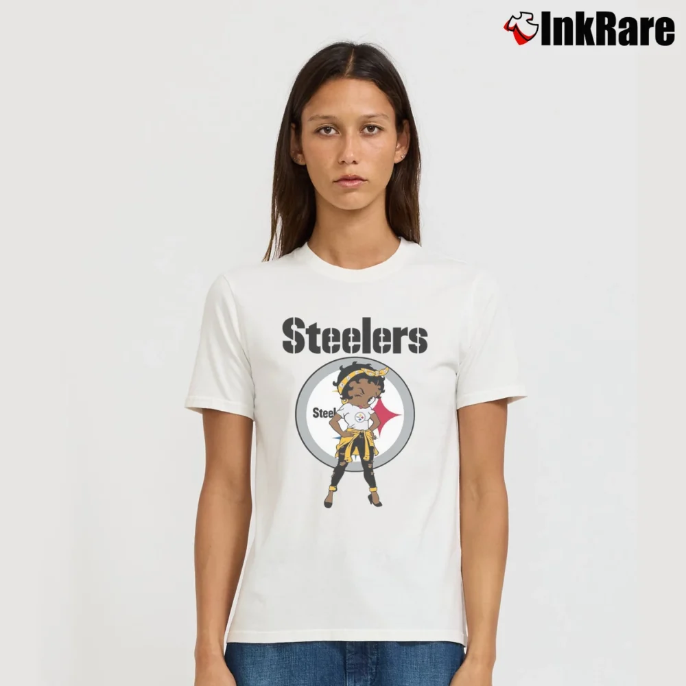 Women’s Pittsburgh Steelers Betty Boop Brown Skin NFL Signature T-Shirt in white | Soft, Flattering Fit