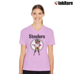 Women’s Pittsburgh Steelers Betty Boop Brown Skin NFL V-Neck Tee in light pink | Chic Neckline, Soft Texture