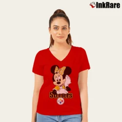 Women’s Pittsburgh Steelers Football Mimi Mouse Walt Disney V-Neck Tee in red | Chic Neckline, Soft Texture