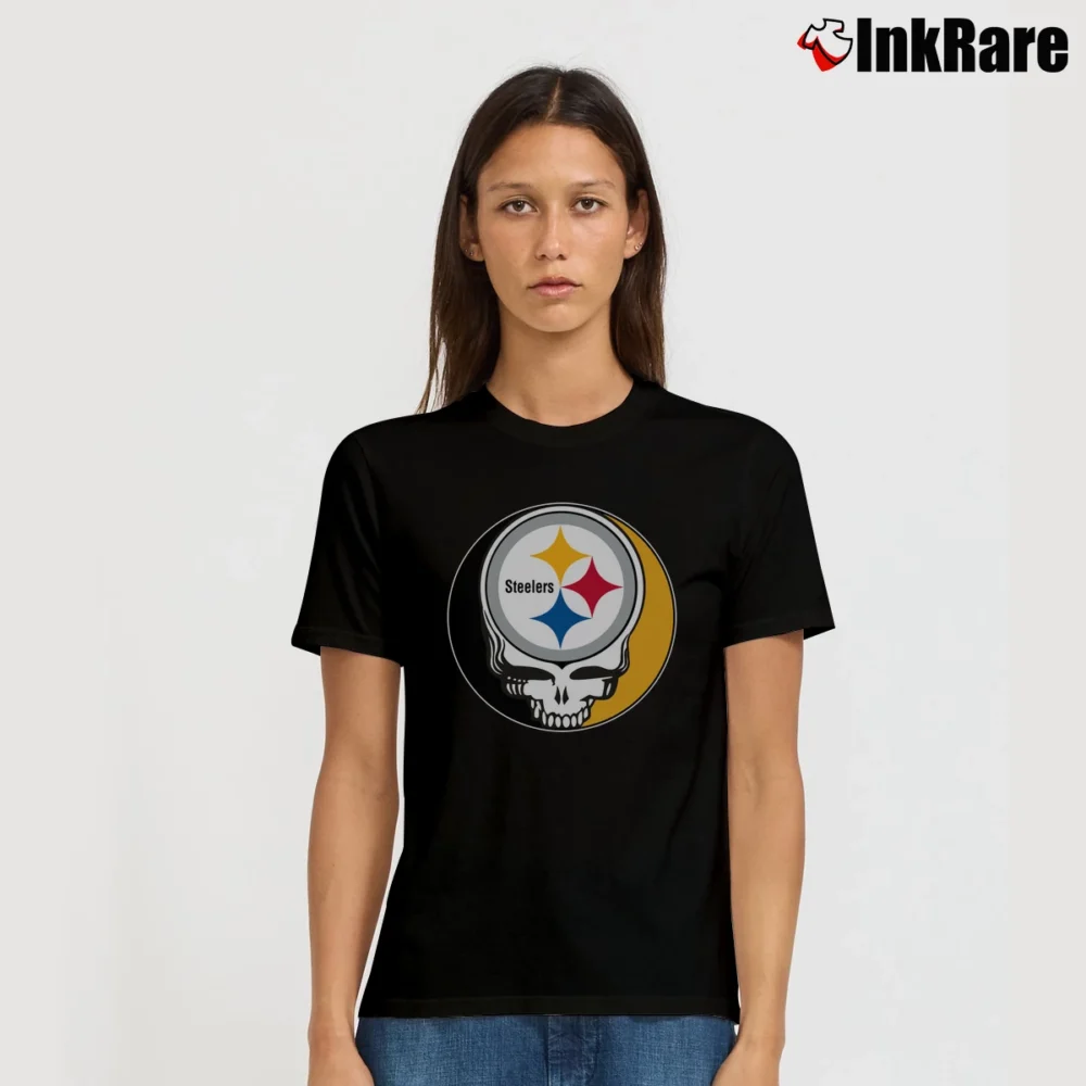 Women’s Pittsburgh Steelers Grateful Dead Logo Band NFL Signature T-Shirt in black | Soft, Flattering Fit