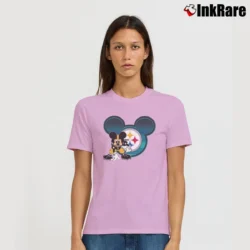 Women’s Pittsburgh Steelers Mickey Mouse Disney Football Signature T-Shirt in light pink | Soft, Flattering Fit