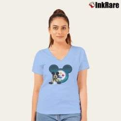 Women’s Pittsburgh Steelers Mickey Mouse Disney Football V-Neck Tee in light blue | Chic Neckline, Soft Texture