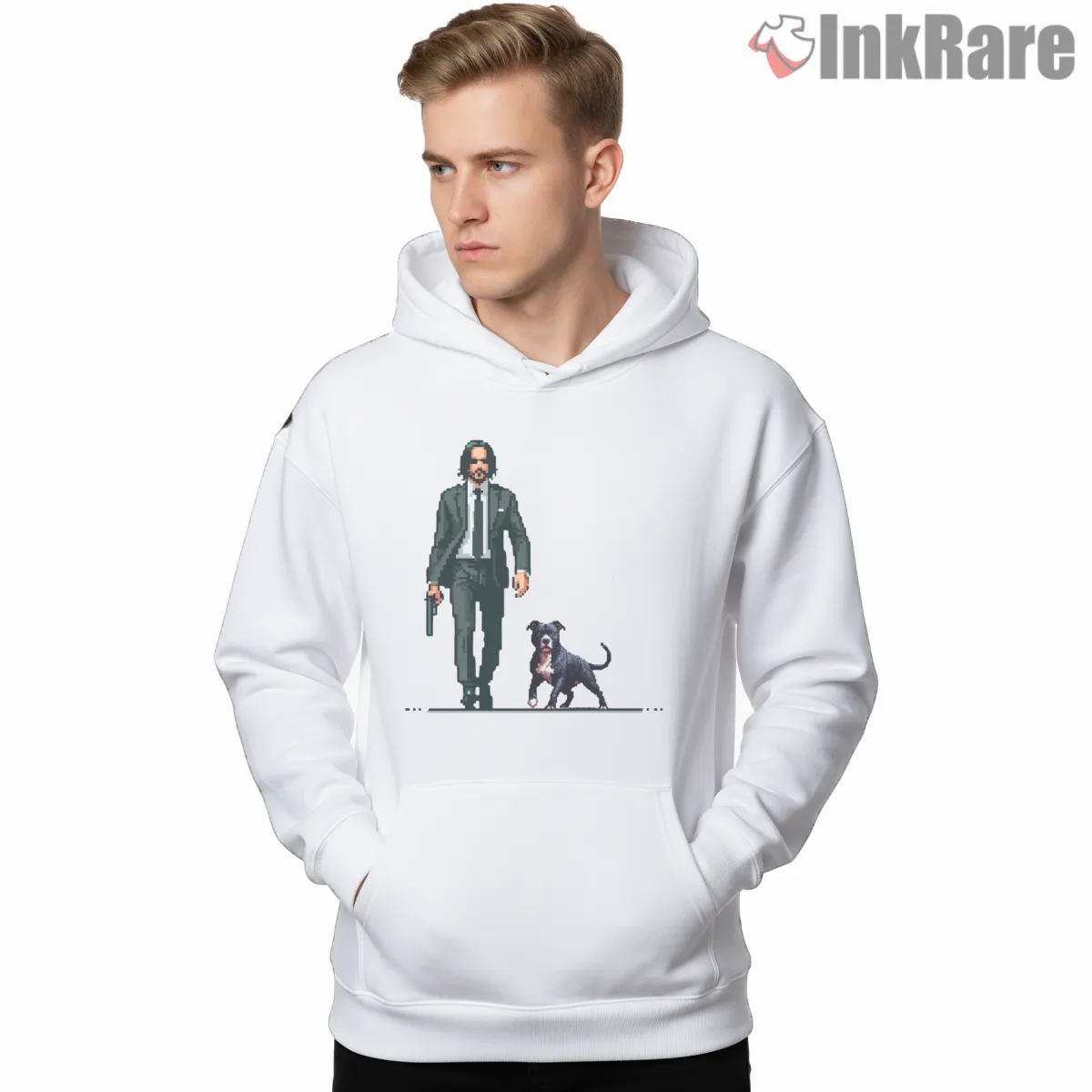 Pixel John Wick And Pitbull Retro Shirt on white hoodie for men graphic tee