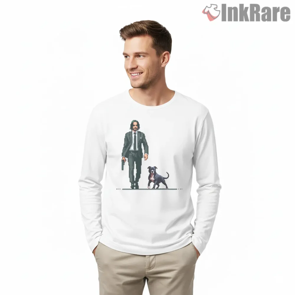 Pixel John Wick And Pitbull Retro Shirt on white long sleeve shirt for men graphic tee