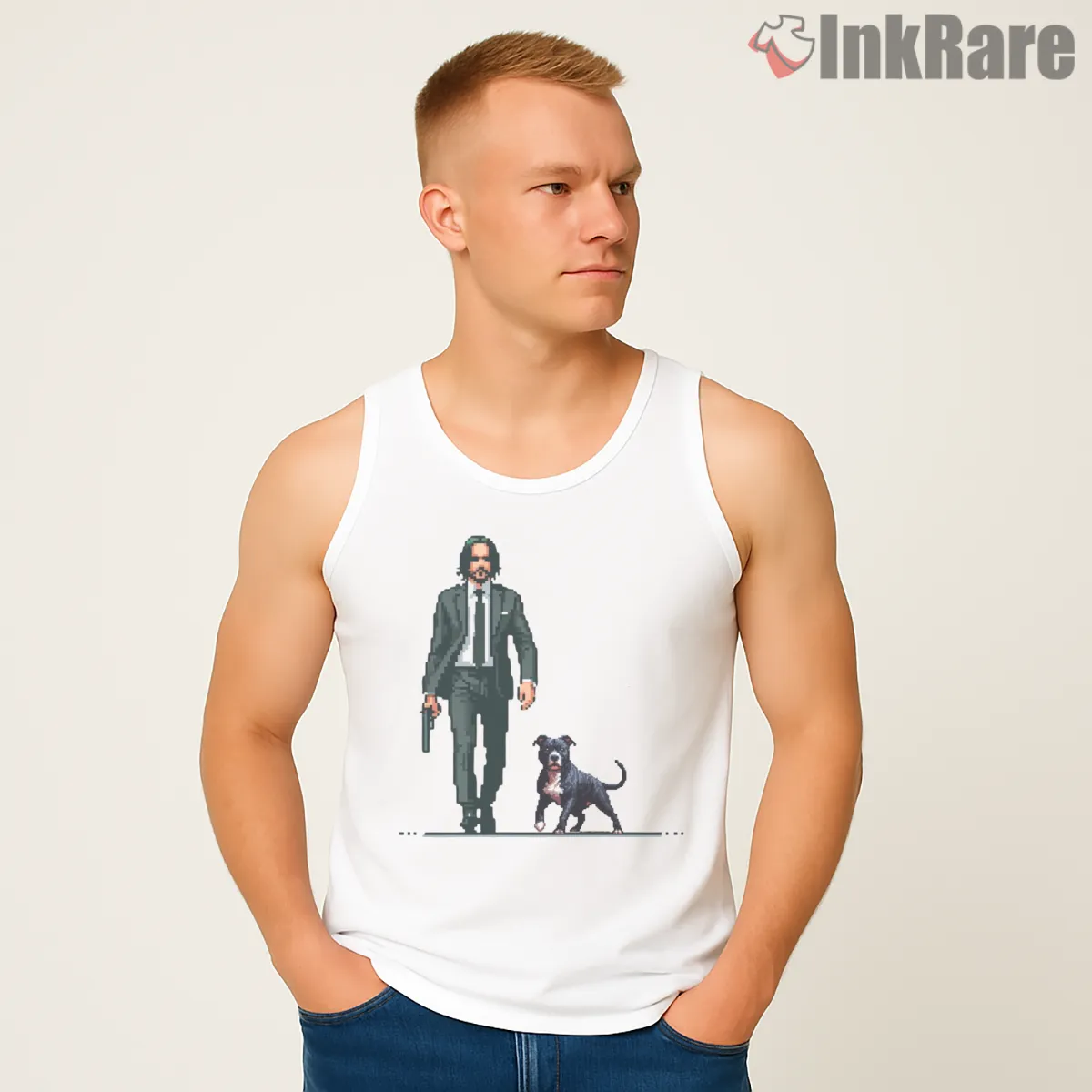 Pixel John Wick And Pitbull Retro Tank Top White Pixel John Wick And Pitbull Retro Shirt on white tank top for men graphic tee