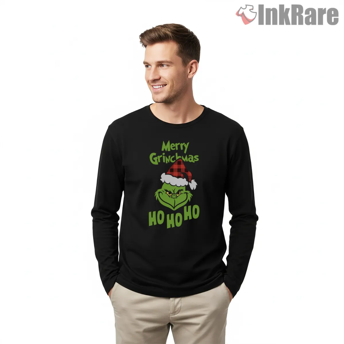 Plaid Hat Merry Grinchmas Ho Ho Ho Shirt on black long sleeve shirt for men graphic tee
