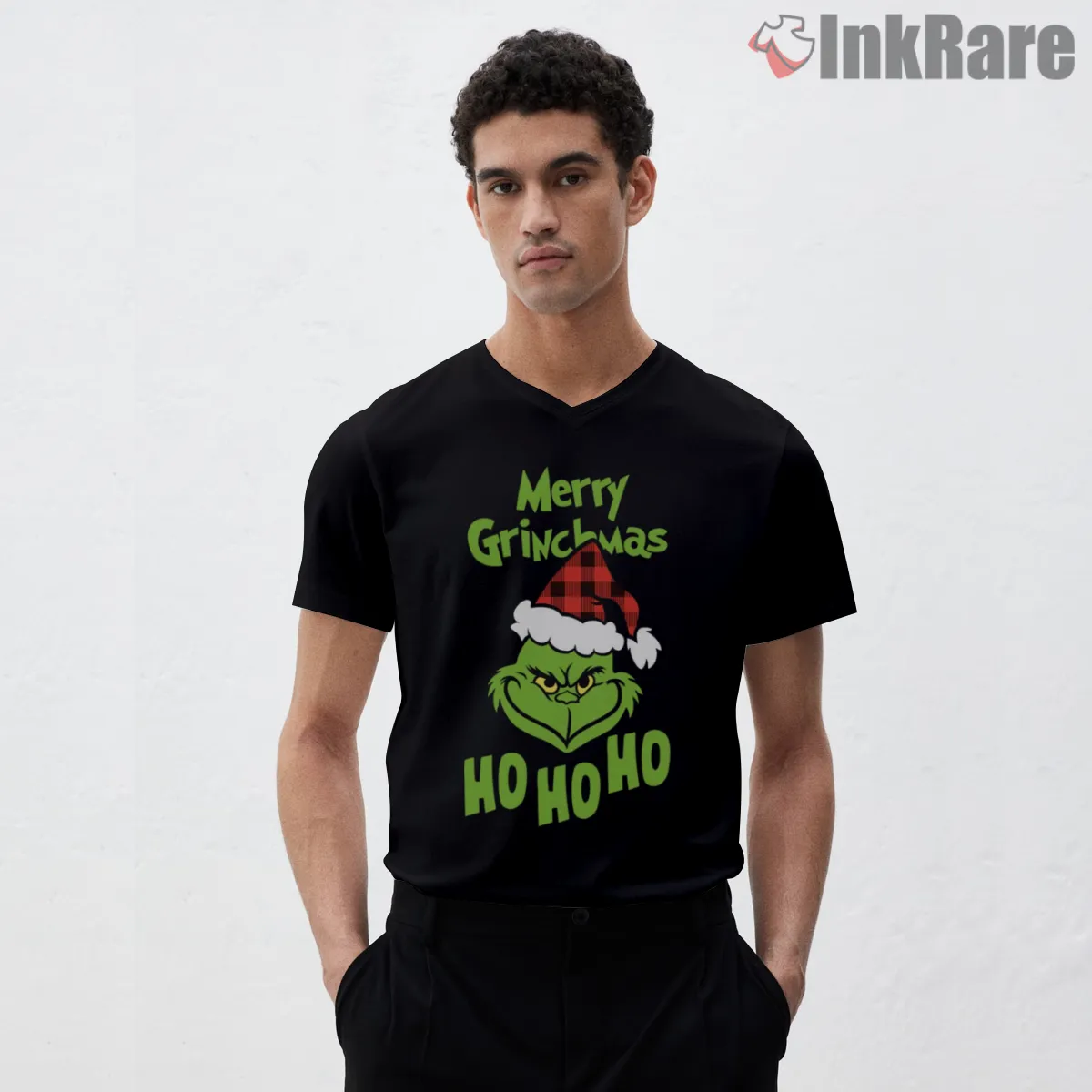 Plaid Hat Merry Grinchmas Ho Ho Ho V Neck Black Plaid Hat Merry Grinchmas Ho Ho Ho Shirt on black v-neck shirt for men graphic tee