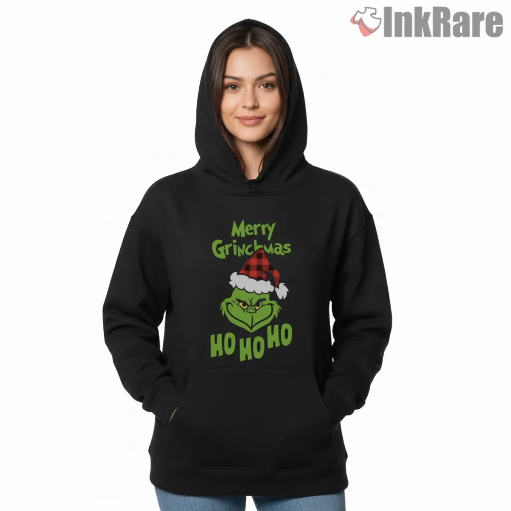 Plaid Hat Merry Grinchmas Ho Ho Ho Shirt on black hoodie for women graphic tee