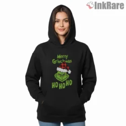 Plaid Hat Merry Grinchmas Ho Ho Ho Shirt on black hoodie for women graphic tee