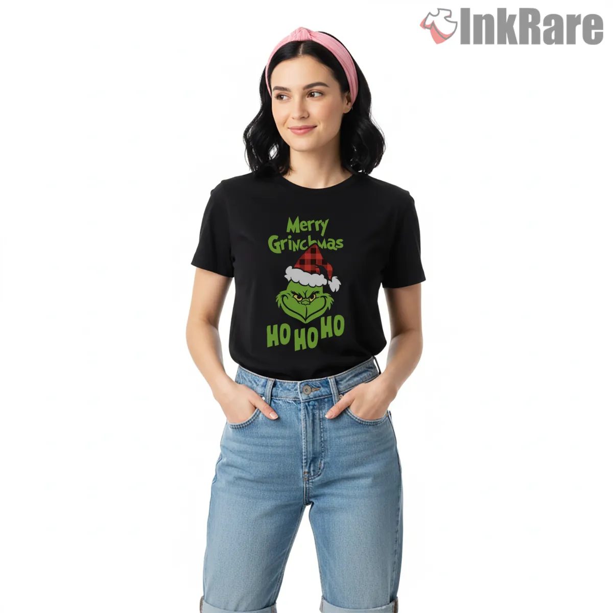 Plaid Hat Merry Grinchmas Ho Ho Ho Short Sleeve Black Plaid Hat Merry Grinchmas Ho Ho Ho Shirt on black short sleeve shirt for women graphic tee