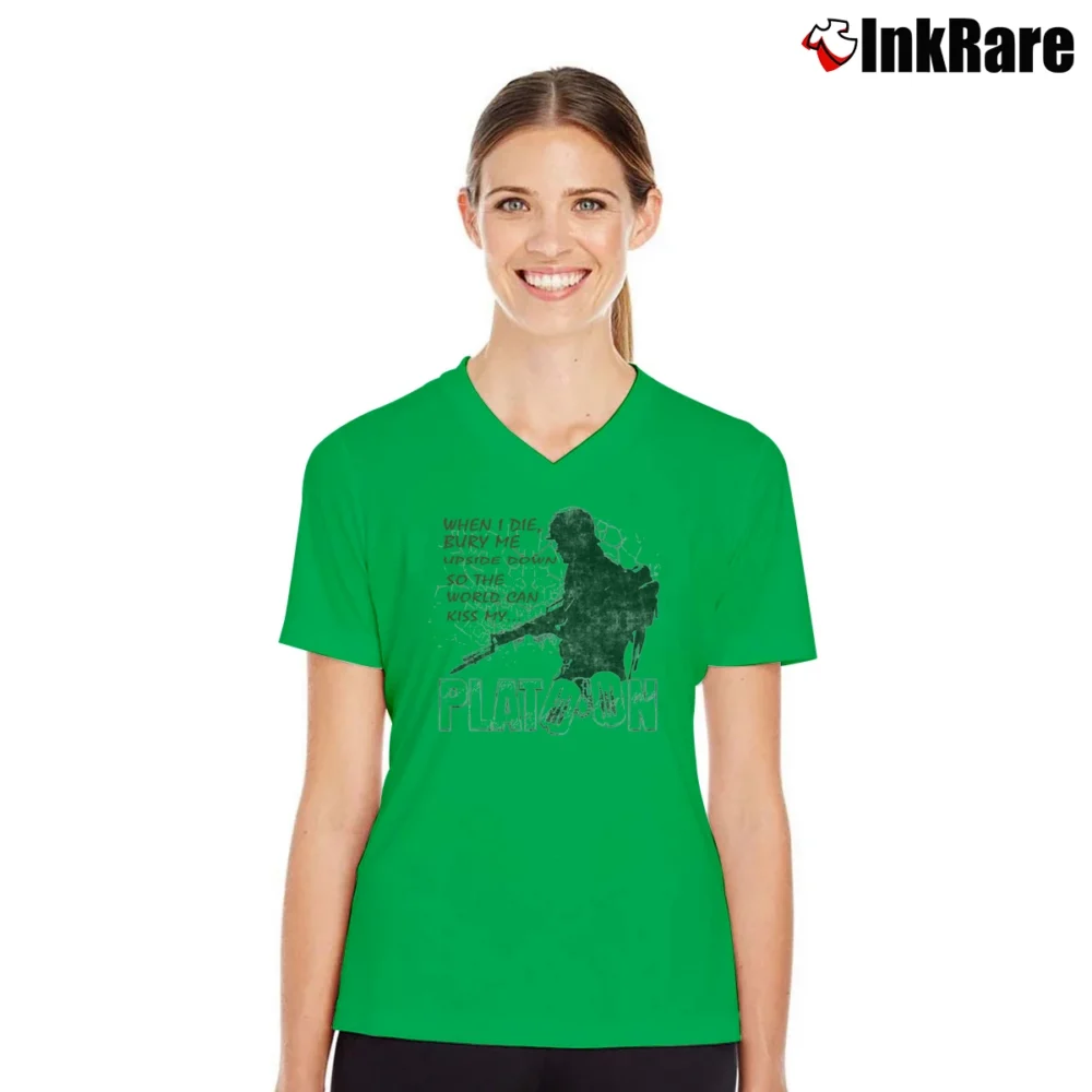 Women’s Platoon Bury Me Upside Down Quote V-Neck Tee in irish green | Chic Neckline, Soft Texture