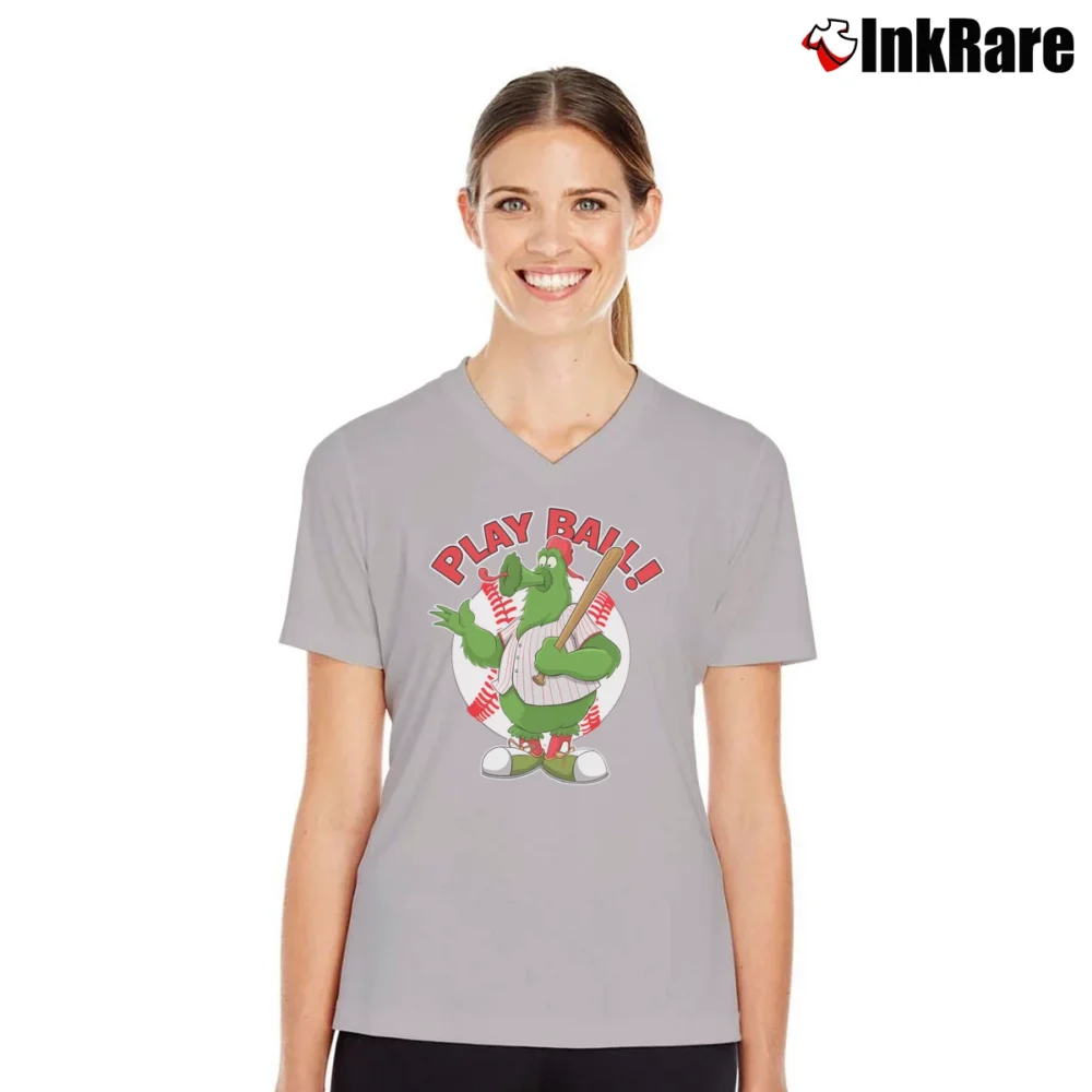 Women’s Play Ball Phillie Phanatic Baseball Fan V-Neck Tee in sport grey | Chic Neckline, Soft Texture