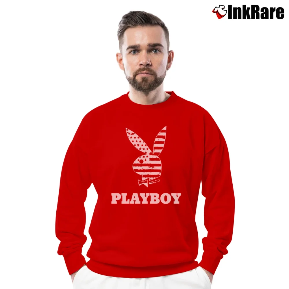Men’s Playboy American Flag Bunny Graphic Crewneck Sweatshirt in red | Cozy Fabric, Clean Style