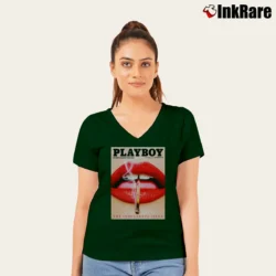 Women’s Playboy Plein Lips Graphic Fashion V-Neck Tee in forest green | Chic Neckline, Soft Texture