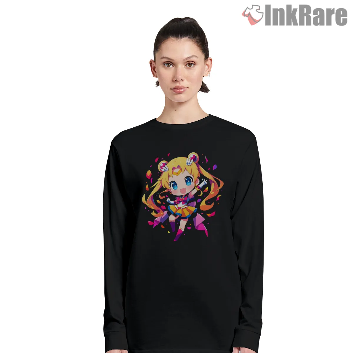 Playful Chibi Sailor Moon Color Burst Long Sleeve Black Playful Chibi Sailor Moon Color Burst Shirt on black long sleeve shirt for women graphic tee