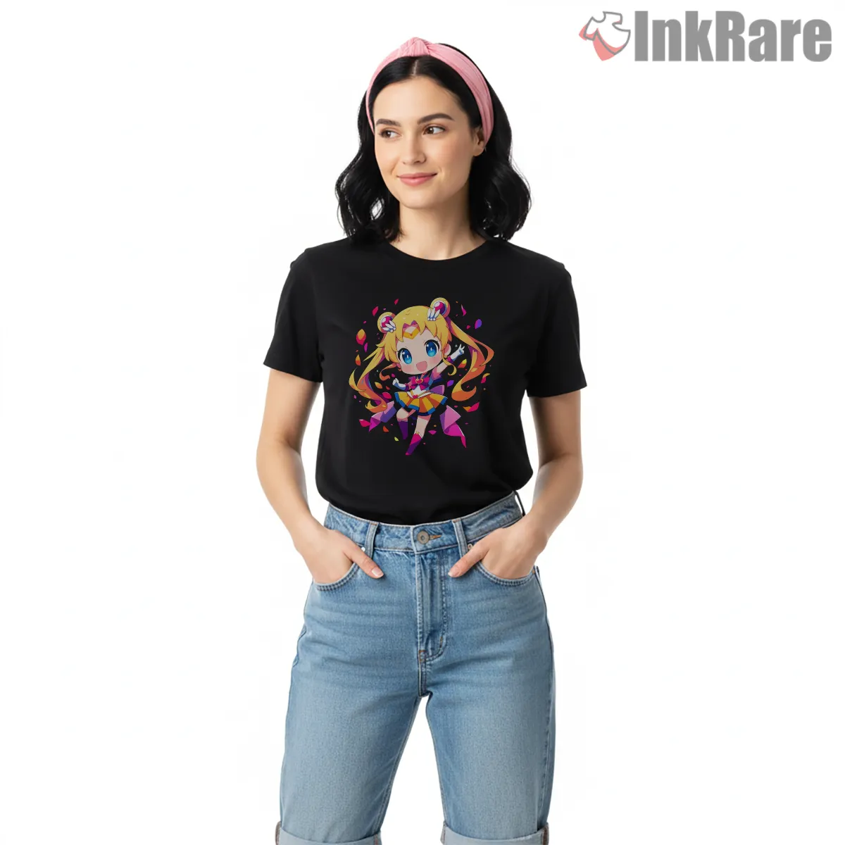 Playful Chibi Sailor Moon Color Burst Short Sleeve Black Playful Chibi Sailor Moon Color Burst Shirt on black short sleeve shirt for women graphic tee