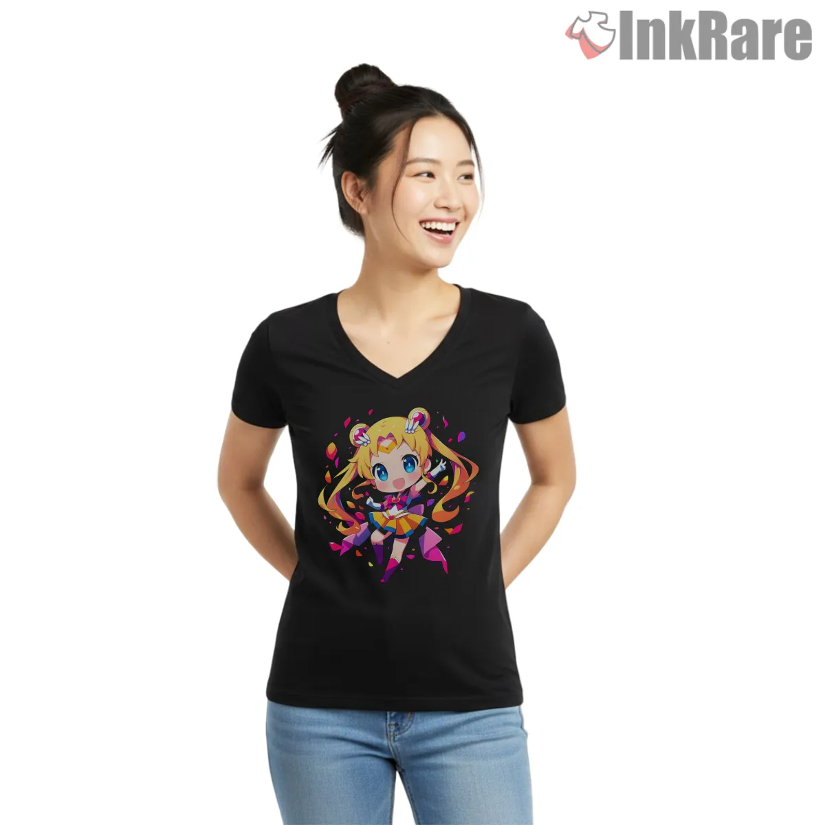 Playful Chibi Sailor Moon Color Burst V Neck Black Playful Chibi Sailor Moon Color Burst Shirt on black v-neck shirt for women graphic tee