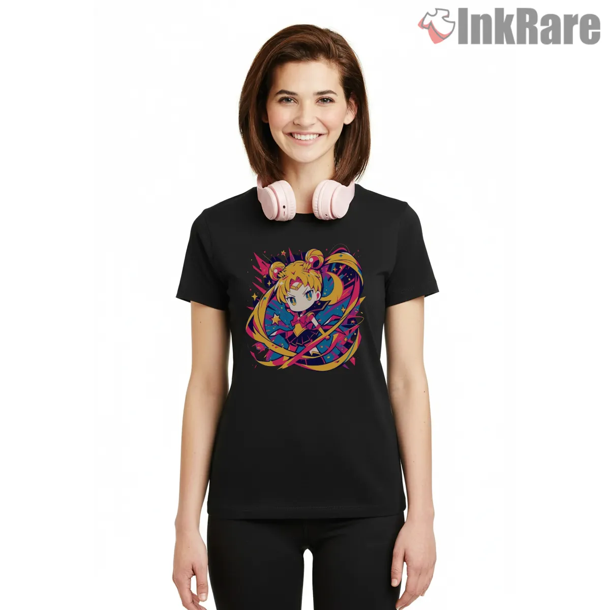 Playful Chibi Sailor Moon Energy Short Sleeve Black Playful Chibi Sailor Moon Energy Shirt on black short sleeve shirt for women graphic tee