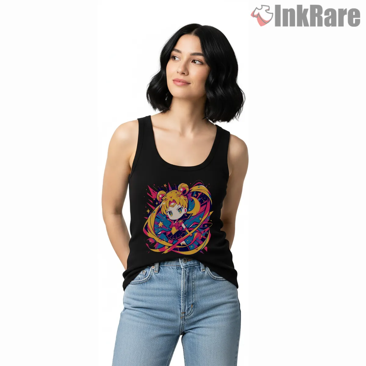Playful Chibi Sailor Moon Energy Tank Top Black Playful Chibi Sailor Moon Energy Shirt on black tank top for women graphic tee