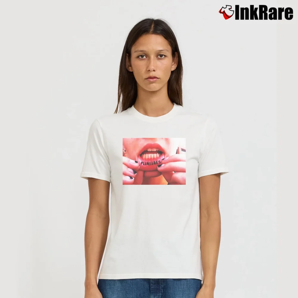 Women’s Pleasures Lip Tattoo Bold Statement Signature T-Shirt in white | Soft, Flattering Fit