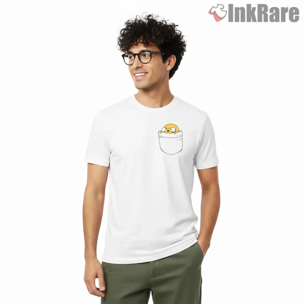 Pocket Jake Peeking Cartoon Minimal Style Shirt on white short sleeve shirt for men graphic tee