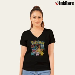 Women’s Pokemon Anniversary Japanese Anime Gamer Gift V-Neck Tee in black | Chic Neckline, Soft Texture