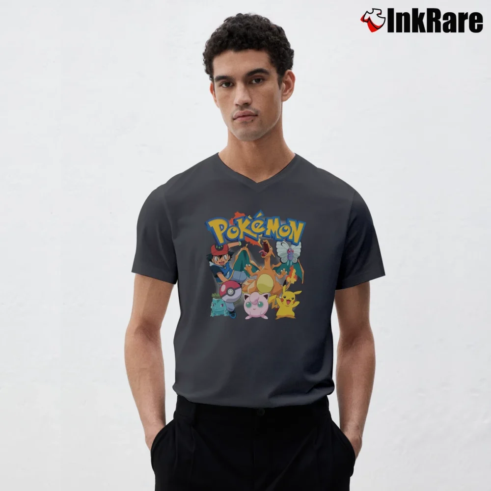 Men’s Pokemon Anniversary Japanese Anime Gamer Gift V-Neck Tee in charcoal | Sharp, Breathable, Everyday Staple