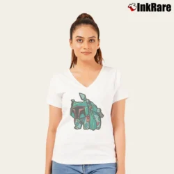 Women’s Pokemon Boba Fett Bulbasaur Mashup V-Neck Tee in white | Chic Neckline, Soft Texture