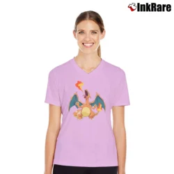 Women’s Pokemon Charizard Classic Cartoon V-Neck Tee in light pink | Chic Neckline, Soft Texture