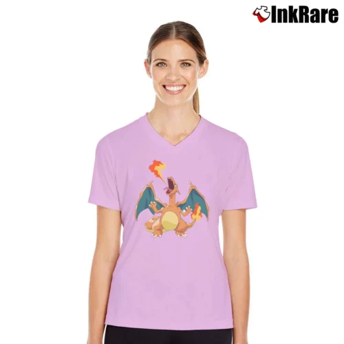 Pokemon Charizard Classic Cartoon Women’s V-Neck Tee in light pink – Flattering Fit Women’s Pokemon Charizard Classic Cartoon V-Neck Tee in light pink | Chic Neckline, Soft Texture