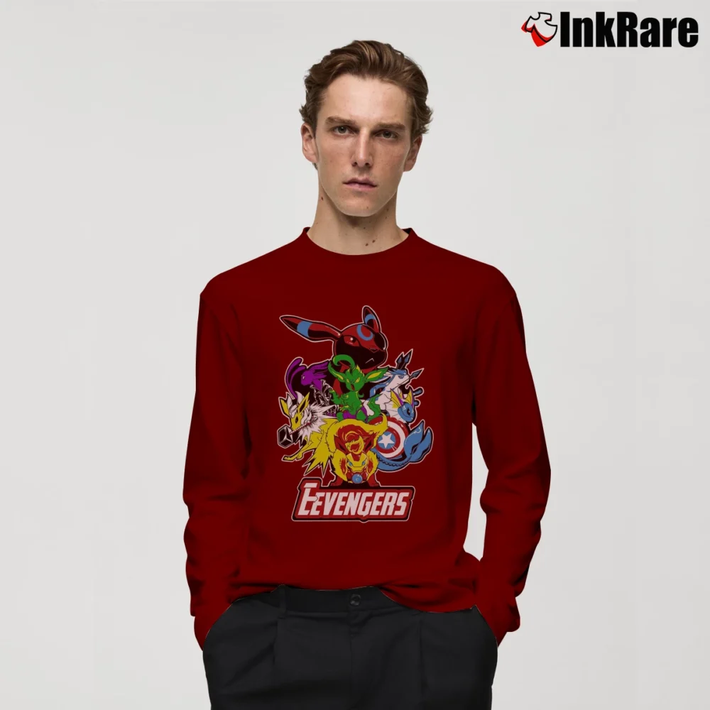 Men’s Pokemon Eevee Evolution Eevengers Long-Sleeve Shirt in maroon | Sleek, Lightweight, Year-Round Wear