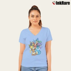 Women’s Pokemon Eevee Evolution Family V-Neck Tee in light blue | Chic Neckline, Soft Texture