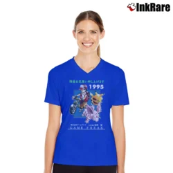 Women’s Pokemon Game Freak 1995 Retro Graphic V-Neck Tee in royal blue | Chic Neckline, Soft Texture
