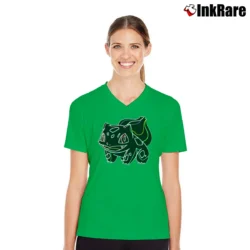 Women’s Pokemon Neon Bulbasaur Classic Cartoon V-Neck Tee in irish green | Chic Neckline, Soft Texture