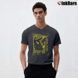 Men’s Pokemon Pikachu Profile Gold Card Logo Nintendo V-Neck Tee in charcoal | Sharp, Breathable, Everyday Staple