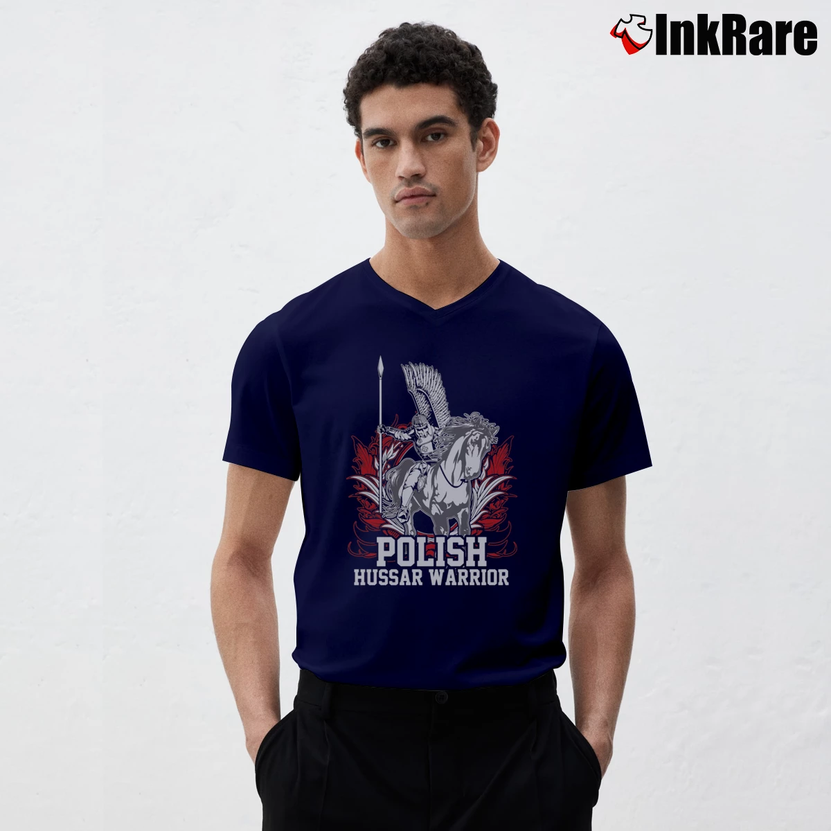 Men’s Polish Hussar Winged Warrior Historical V-Neck Tee in navy | Sharp, Breathable, Everyday Staple