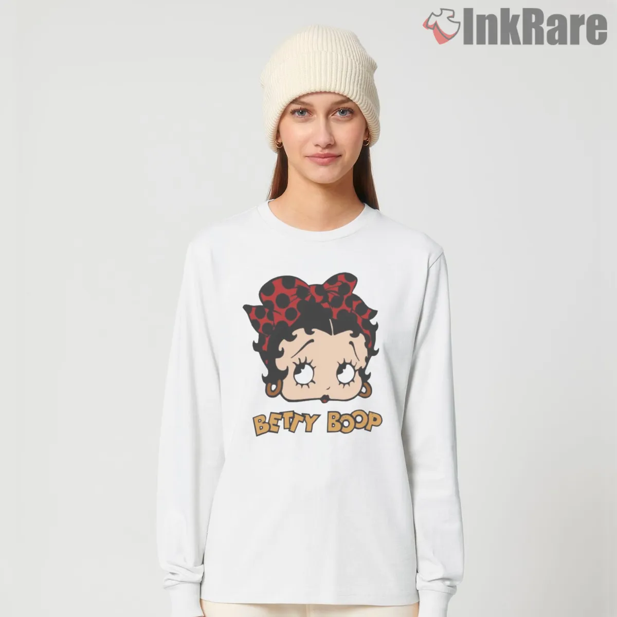 Polka Dot Bow Betty Boop Classic Icon Shirt on white long sleeve shirt for women graphic tee
