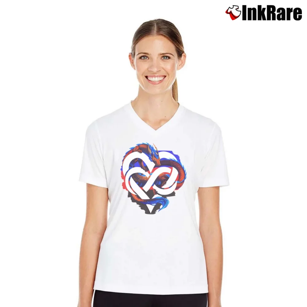 Women’s Polyamory Pride Dragon Graphic LGBTQ V-Neck Tee in white | Chic Neckline, Soft Texture