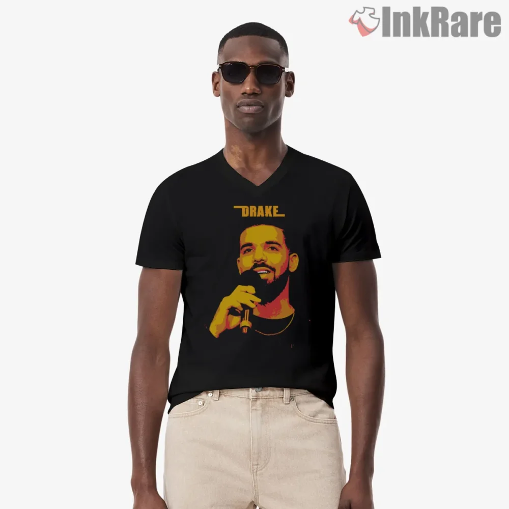 Pop Art Drake Microphone Moments Shirt on black v-neck shirt for men graphic tee