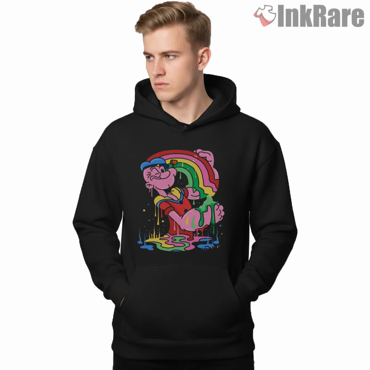 Pop Eye Melting Rainbow Dream Shirt on black hoodie for men graphic tee