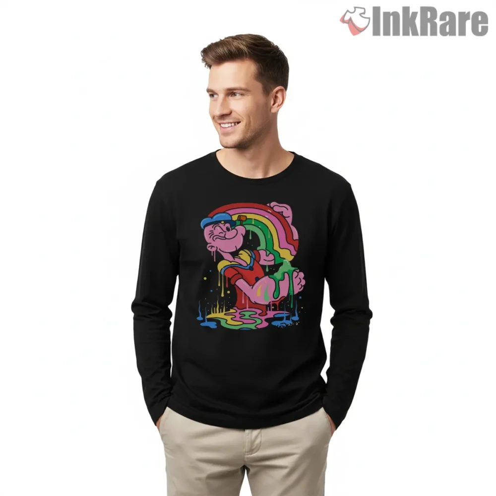 Pop Eye Melting Rainbow Dream Shirt on black long sleeve shirt for men graphic tee