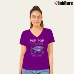 Women’s Pop Pop Shark Doo Doo Family V-Neck Tee in purple | Chic Neckline, Soft Texture