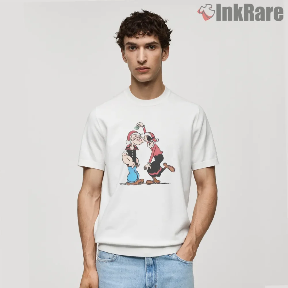 Popeye And Olive Oyl Mistletoe Kiss Christmas Shirt on white short sleeve shirt for men graphic tee