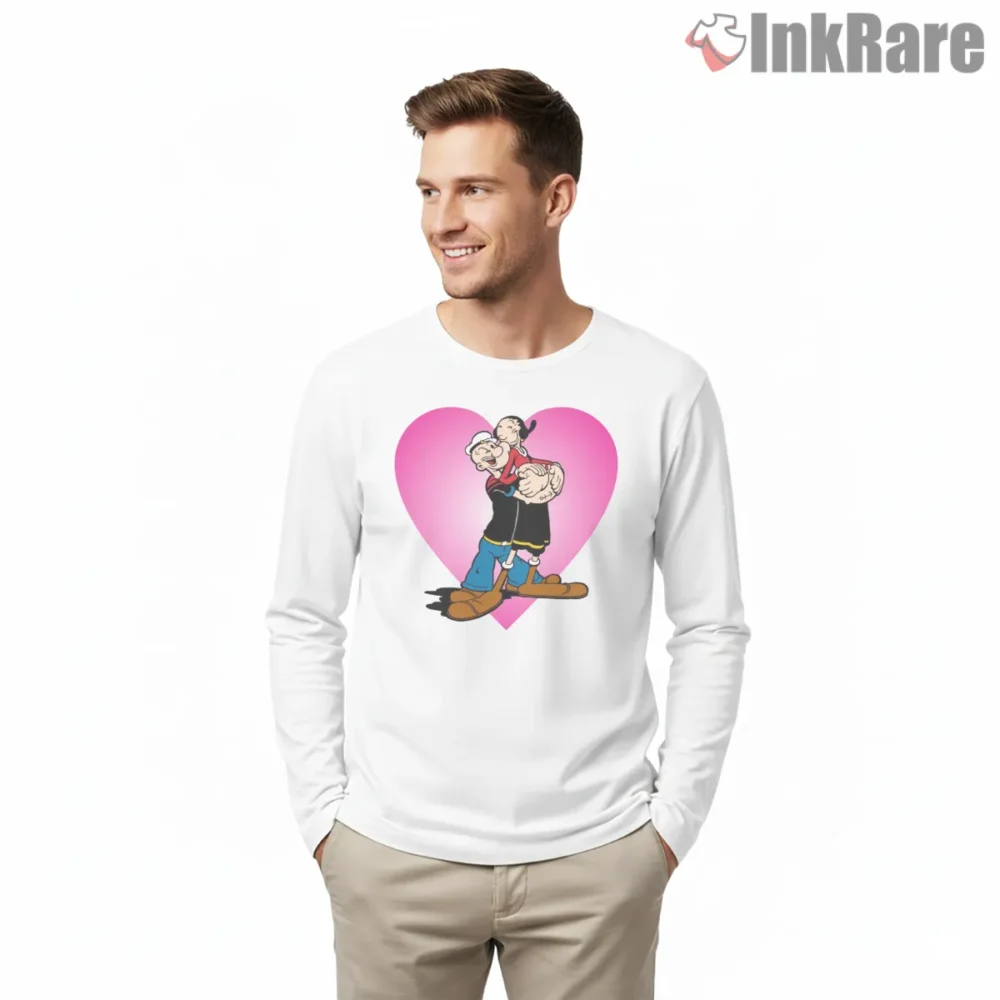 Popeye And Olive Pink Heart Hug Shirt on white long sleeve shirt for men graphic tee