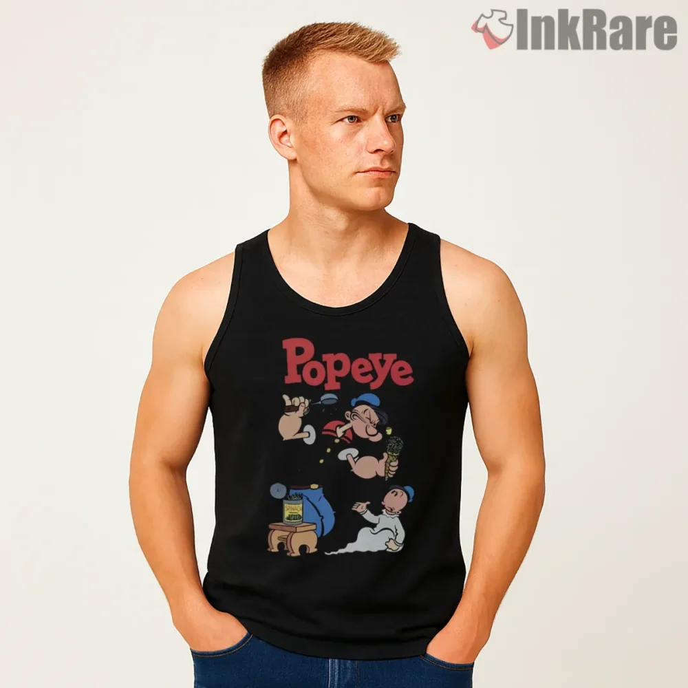 Popeye And Sweepea Spinach Snack Shirt on black tank top for men graphic tee