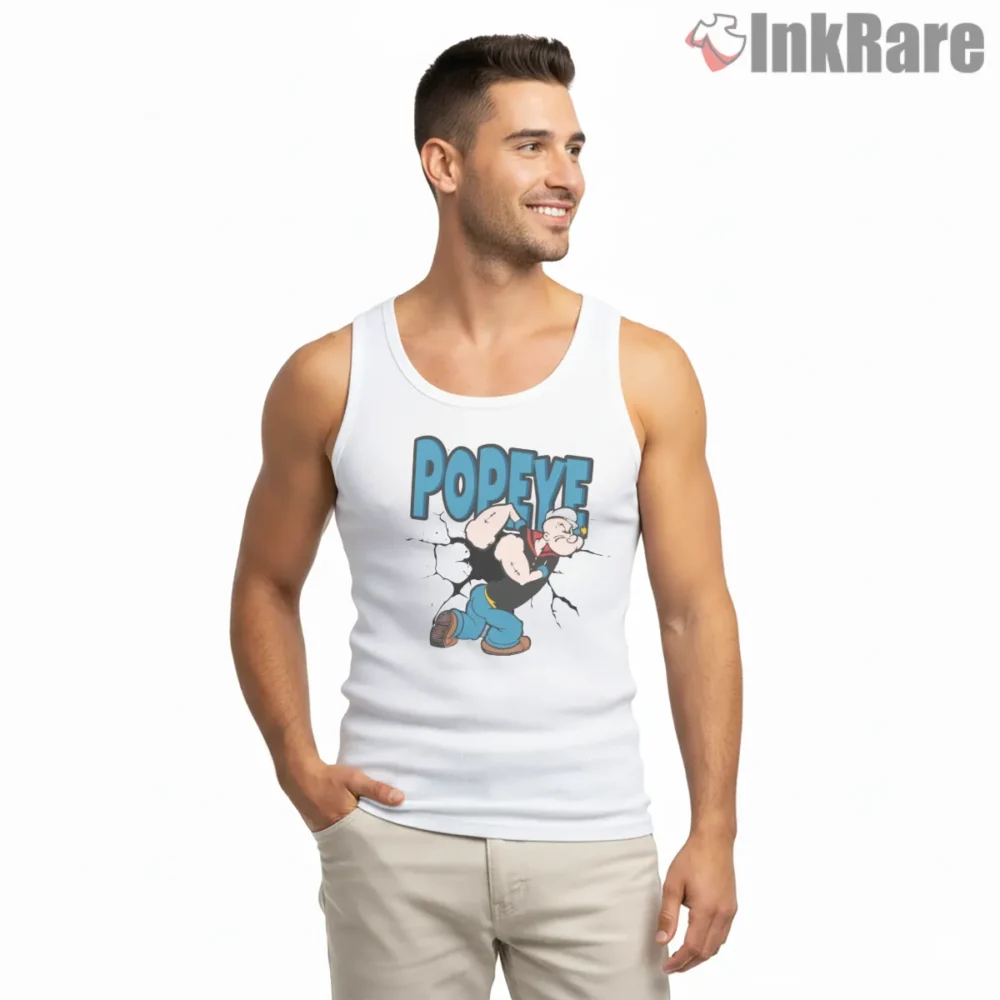 Popeye Blue Logo Power Pose Shirt on white tank top for men graphic tee