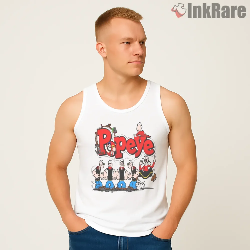 Popeye Cast Retro Ensemble Cartoon Shirt on white tank top for men graphic tee