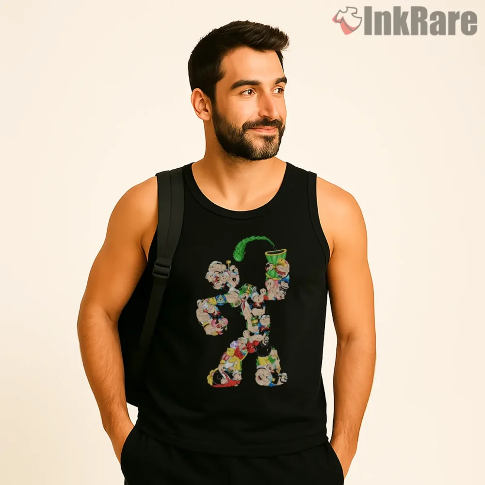Popeye Character Collage Spinach Silhouette Shirt on black tank top for men graphic tee