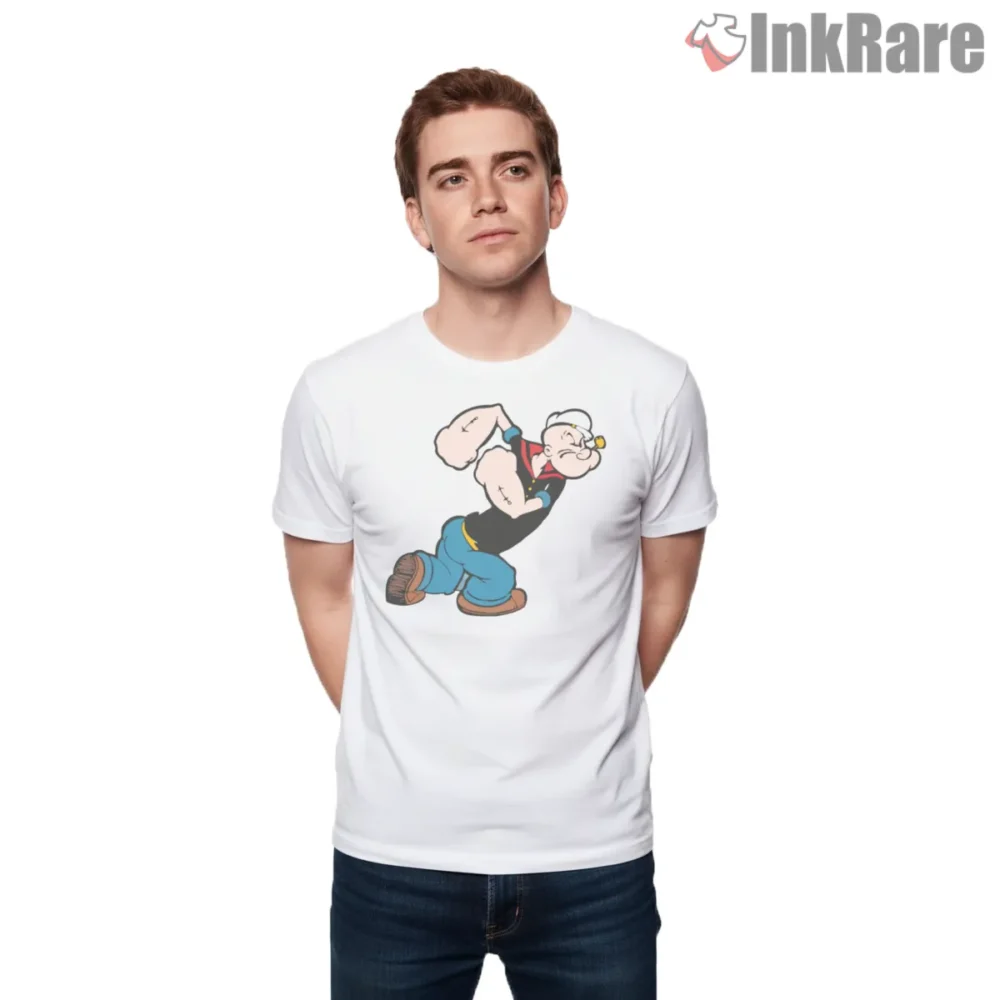 Popeye Charging Into Action Cartoon Shirt on white short sleeve shirt for men graphic tee